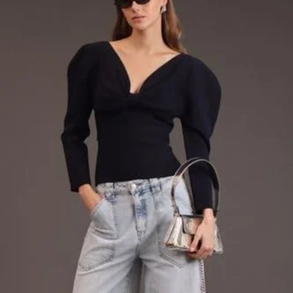 AVEC LES FILLES | bow detail puff long sleeve knit blouse top - Picture 11 of 11